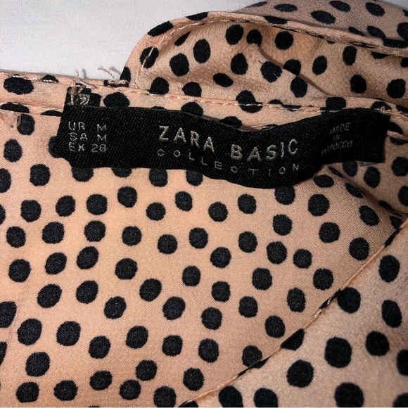 Zara Basic Asymmetric Ruffle Blouse Size M Long Sleeve Polka Dot Pink Black - Picture 3 of 10